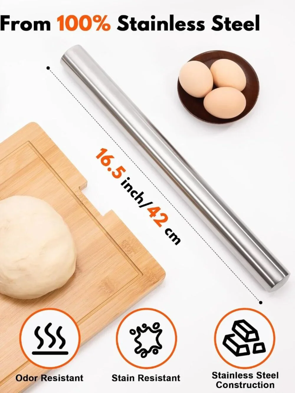 304 Stainless Steel Dishwasher Safe Rolling Pin